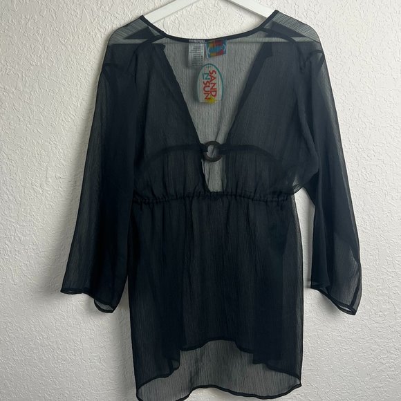 NWT SAND N SUN Womens L Black Beach Swimsuit Sheer Coverup Long Sleeve Flowy - Picture 4 of 7